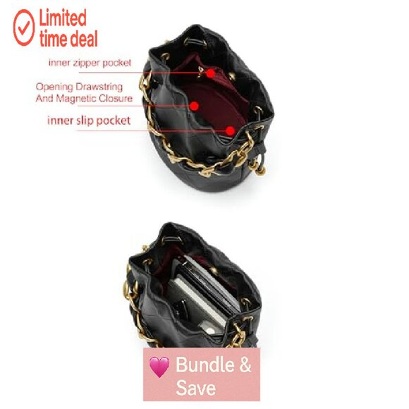 Mini Lambskin Quilted Bucket Bag with Chain Strap & Drawstring Closure - Picture 3 of 8